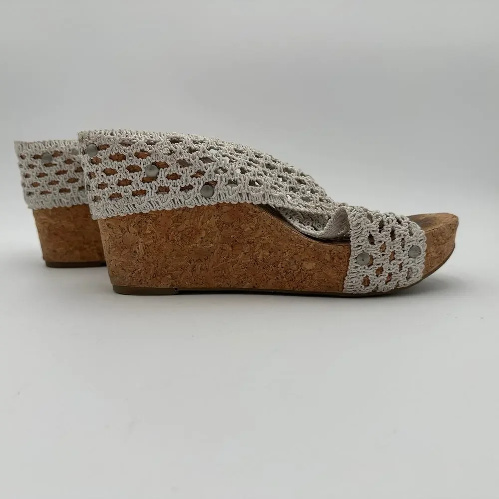 Lucky Brand Macrame Upper Cork Boho Wedge Sandals Womens Size 8.5 Ivory